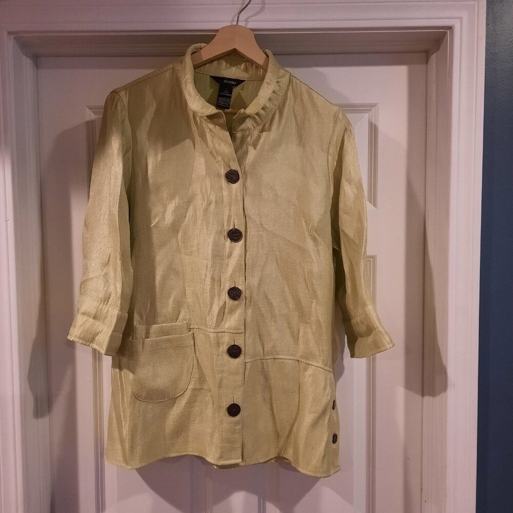 Ali Miles Blazer Jacket‎ Womens Large Yellow Green Crinkle Artsy Lagenlook Shiny